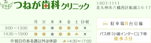 つねが歯科クリニック 〒807-1111 北九州市八幡西区船越3-6-17 祝日のある週以外の休診 △14:00~17:00 駐車場は8台完備